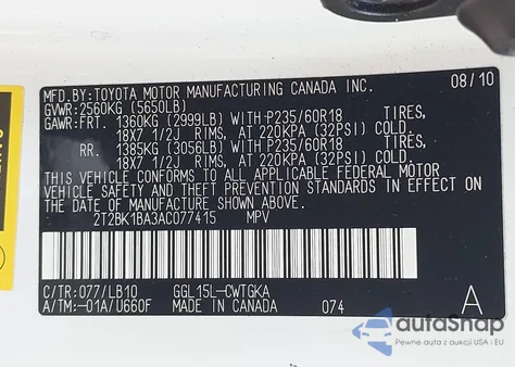 2010 Lexus Rx 350 z USA, uszkodzony, nr VIN 2T2BK1BA3AC077415